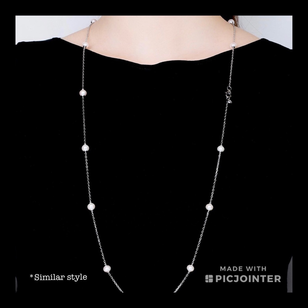 Long silver Pearl chained necklace